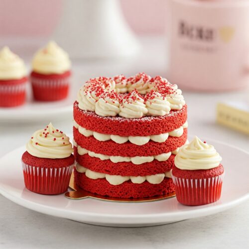 4''/10cm Red velvet Bento cake with 2 cupcakes